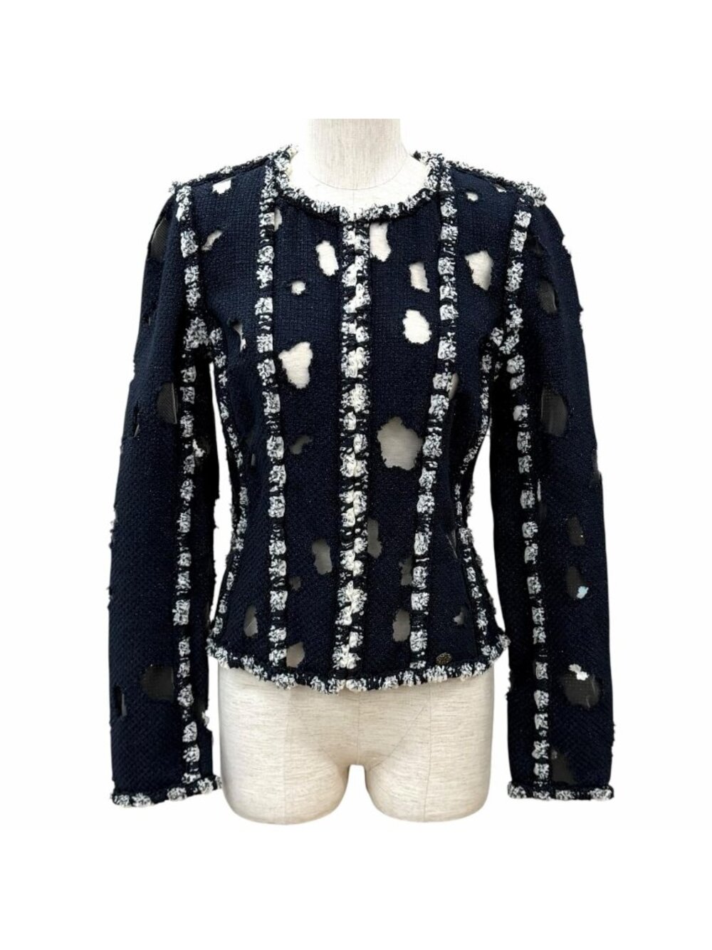 Chanel Mesh Glitter Tweed Zip UP Collarless Jacket Navy 36